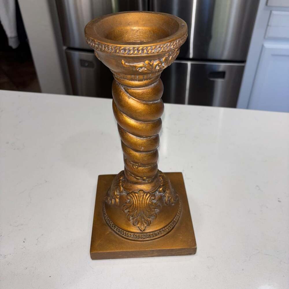Vintage Ornate Gold Pillar/Taper Candlestick Holder Wide Base 11”